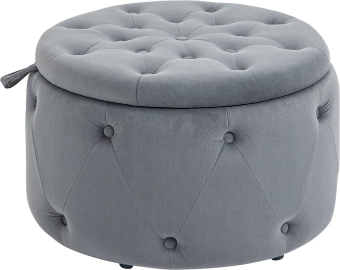Opberghocker Ø60 x 40 cm - Ronde Ottomane Met Deksel - Zitkussen - Fluweel - Grijs