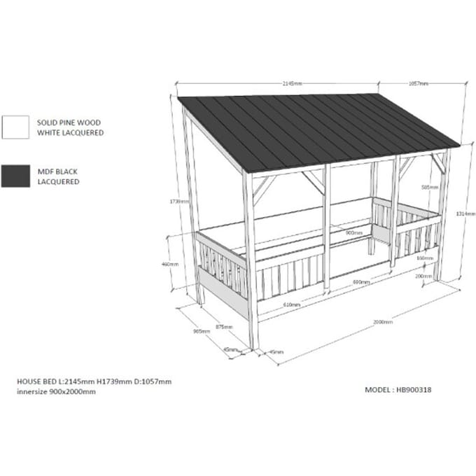 LUCEVI - Housebed 03 Huisbed + Rolbed - Wit/Zwart - 90x200 cm