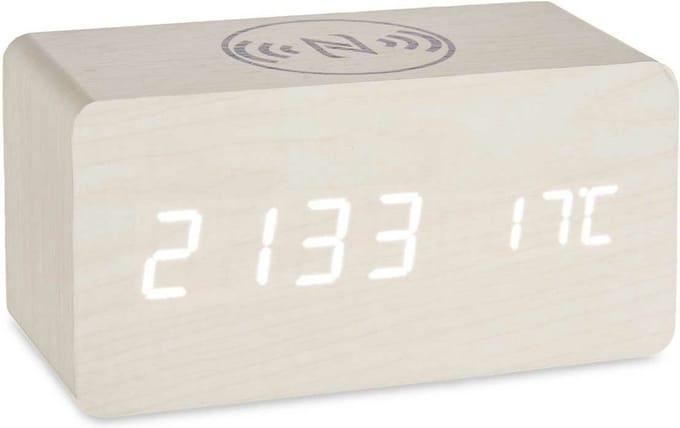 Giftdecor Tafelklok/wekker Josimity - wit - MDF - 15x7 cm - Digitale tijd - temperatuur - opladen - batterij/usb voeding