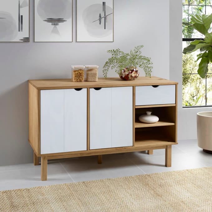 vidaXL - Dressoir - OTTA - 114x43x73,5 - cm - massief - grenenhout - bruin - en - wit