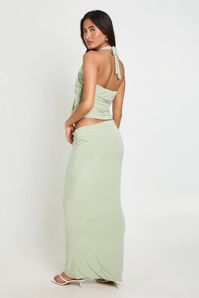 boohoo Dames Maxi Rok Met Gerimpelde Tailleband | Sage | Maat: 16