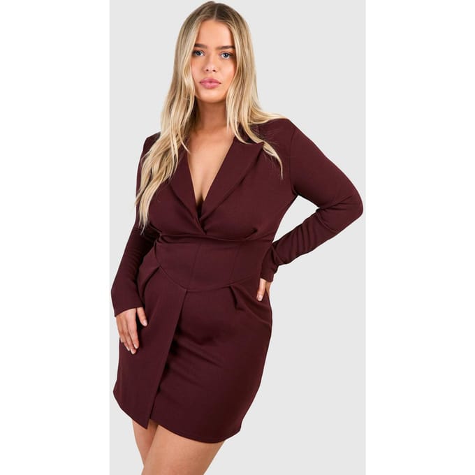 boohoo Dames Plus Corset Detail Blazer Jurk | Chocoladebruin | Maat: 54