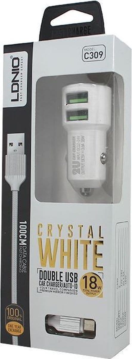 LDNIO C309 Dual USB Auto oplader 3.6A met Type C USB Kabel geschikt voor o.a Wileyfox Swift 2 2X Plus