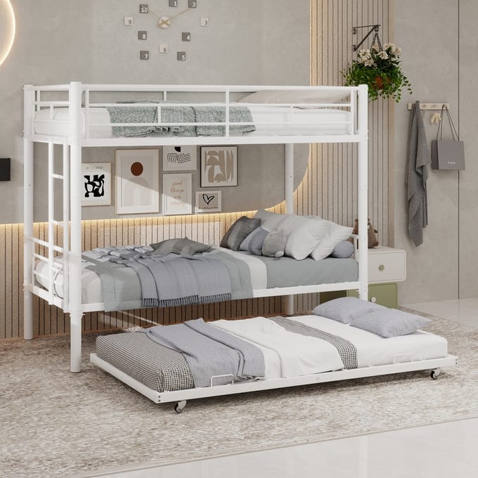 Sweiko Stapelbed - 90x190 cm - Met uitschuifbaar bed - Metalen bedframe - Kinderbed - Wit