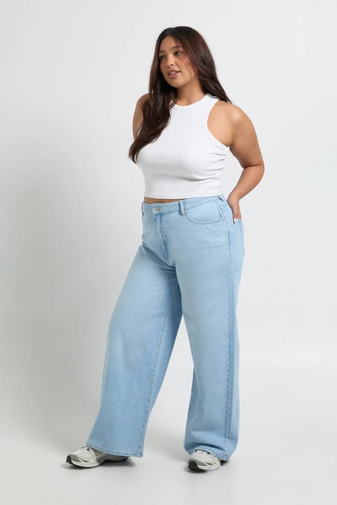 boohoo Dames Plus Basics Hoge Taille Wijde Pijp Jeans | Gebleekt | Maat: 28/30L