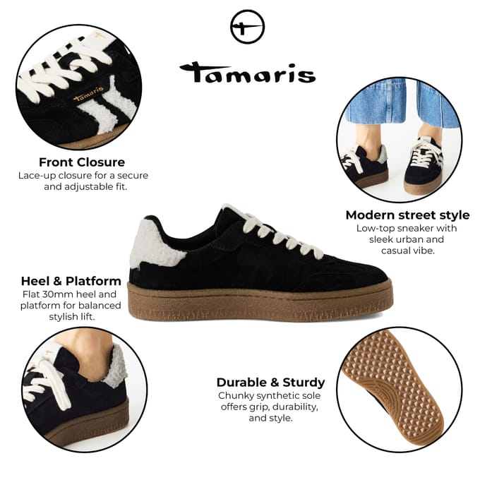 Tamaris Dames Zwart Wit Bont Suède Mode Veterschoenen