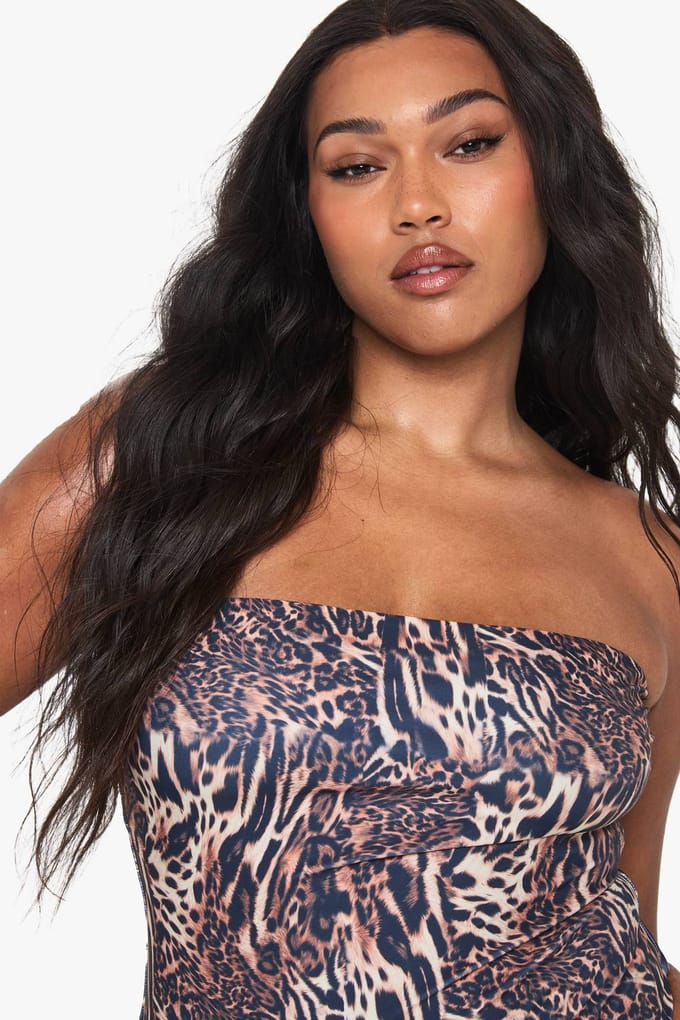 boohoo Dames Plus Swimwear Essentials Luipaard Bandeau Badpak | Luipaardprint | Maat: 54