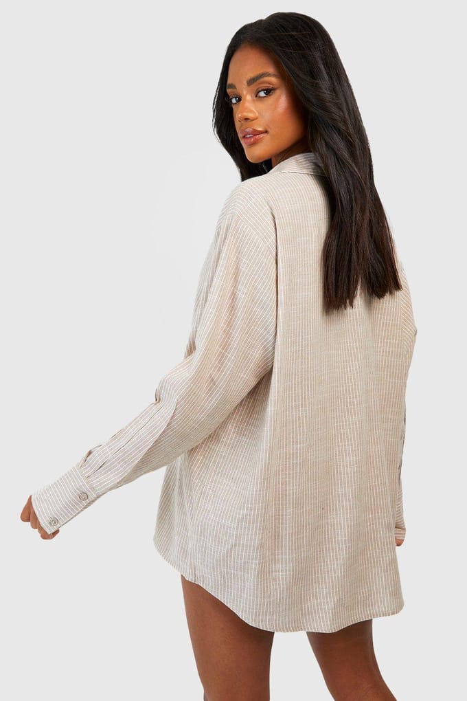 boohoo Dames Katoenen Tonale Streepjes Oversized Pyjamashirt | Steen | Maat: 42