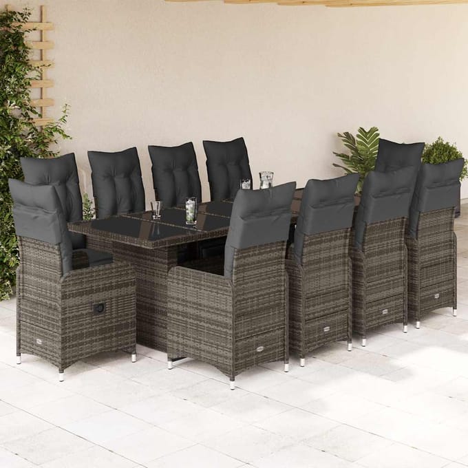 vidaXL - 11-delige - Bistroset - met - kussens - poly - rattan - grijs