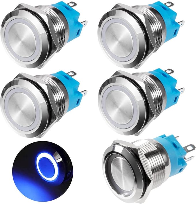 Waterdichte Drukknop met LEDlicht - 19 mm - 12V-24V - 5 Stuks