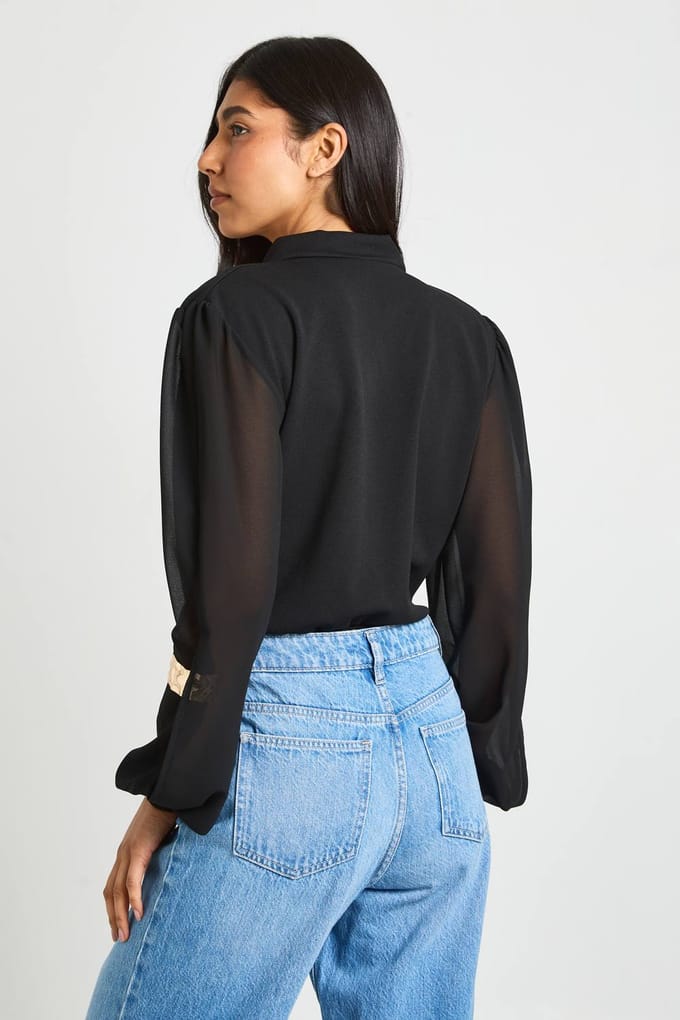 boohoo Dames Tall Wikkel Chiffon Mouw Bodysuit | Zwart | Maat: 38