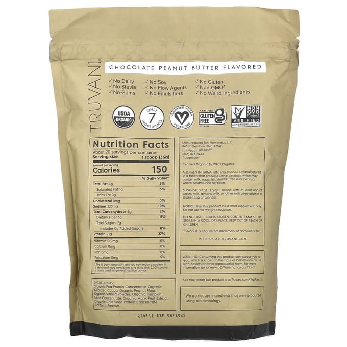 Truvani, Plantaardig Eiwitpoeder, Chocolade Pindakaas, 1.61 lbs (730 gr)
