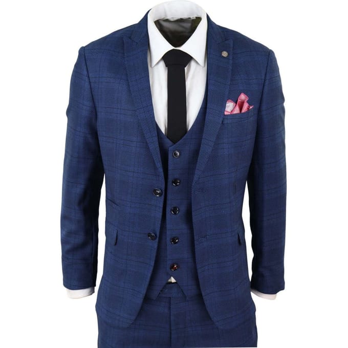 Heren 3-delig blauw birdseye geruit klassiek pak