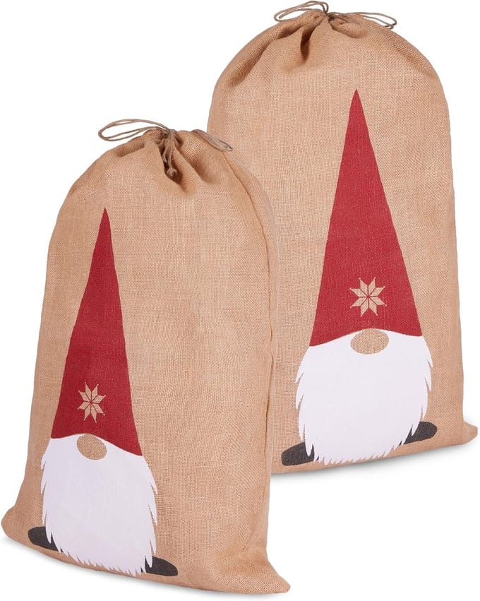 Set van 2 Jute Kerstcadeauzakken met Kabouter - 80 cm Geschenkzak met Trekkoord