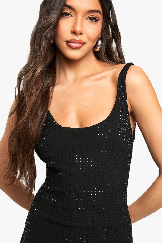 boohoo Dames Hotfix Diamante Scoop Neck Mini Jurk | Black | Maat: 12
