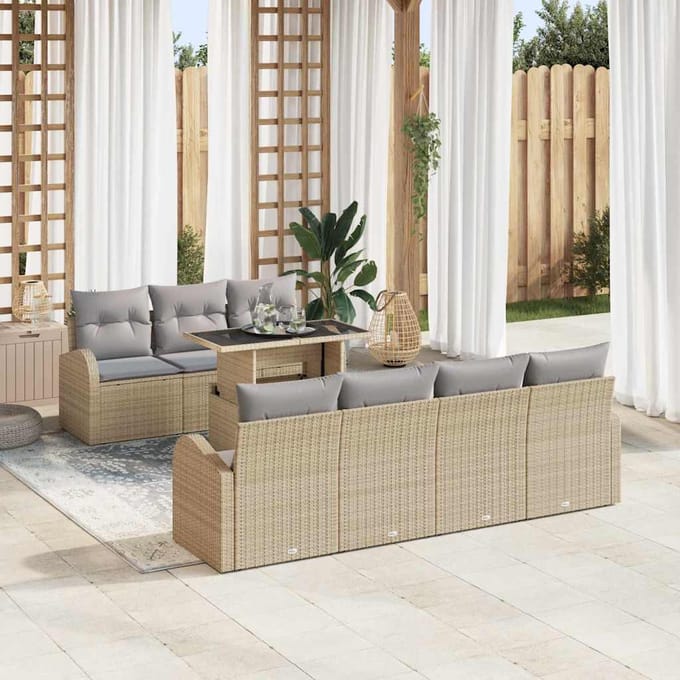 vidaXL Tuinbank Set met kussen met opslag 8 pcs Beige Poly Riet