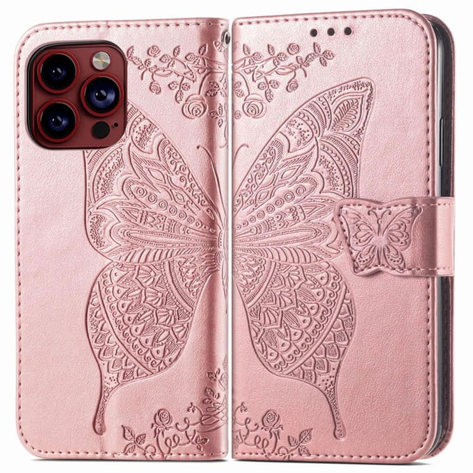 YPCd Bookcase geschikt voor Apple iPhone 15 Pro Max - Vlinder Design - Portemonnee / Wallet Hoesje - Roze
