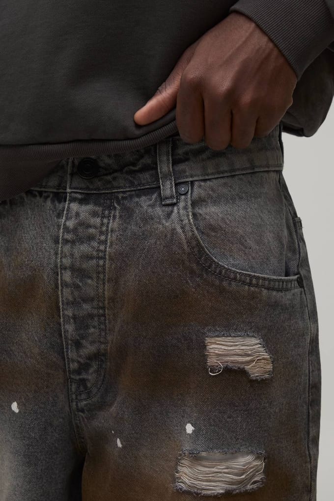 Super Baggy Jeans Met Verfspetters, Distressed En Scheuren | Washed Charcoal | Size 32