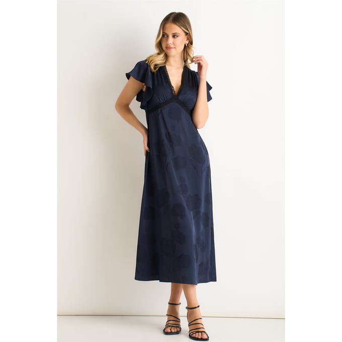 Midi-jurk van marineblauw satijn met bloemenprint en jacquardkant