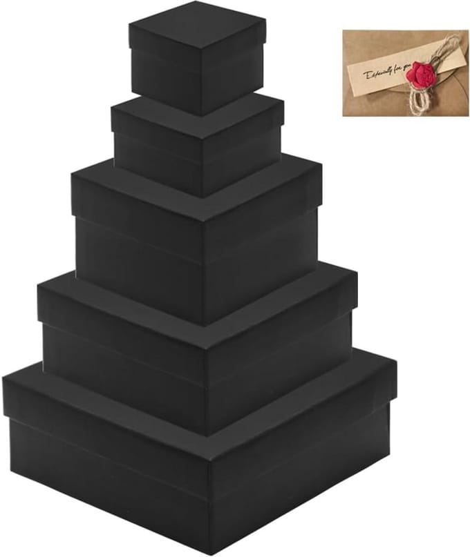 Set van 5 Vierkante Cadeauboxen Zwart met Deksel in Diverse Groottes (7-15 cm)