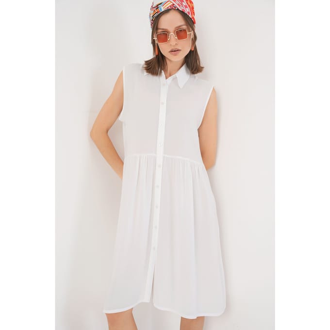 Mouwloze Midi-jurk met Kraag en Knopen