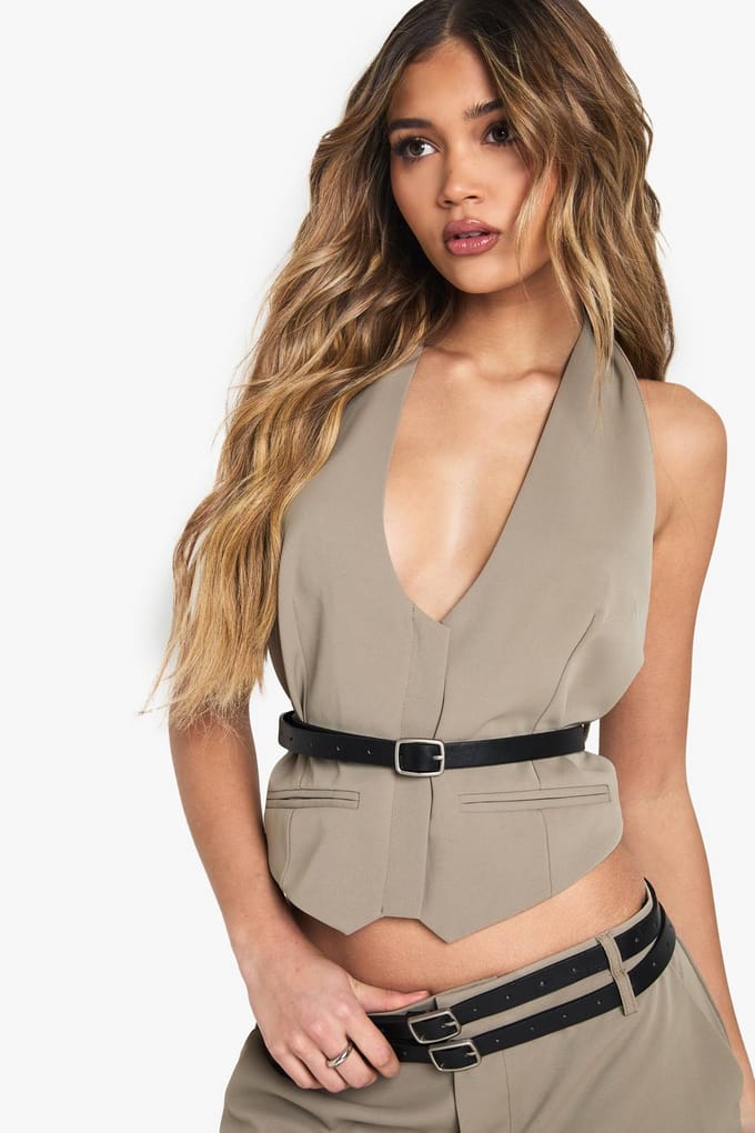 boohoo Dames Geweven Getailleerd Halterneck Vest met Ceintuur | Steen | Maat: 44