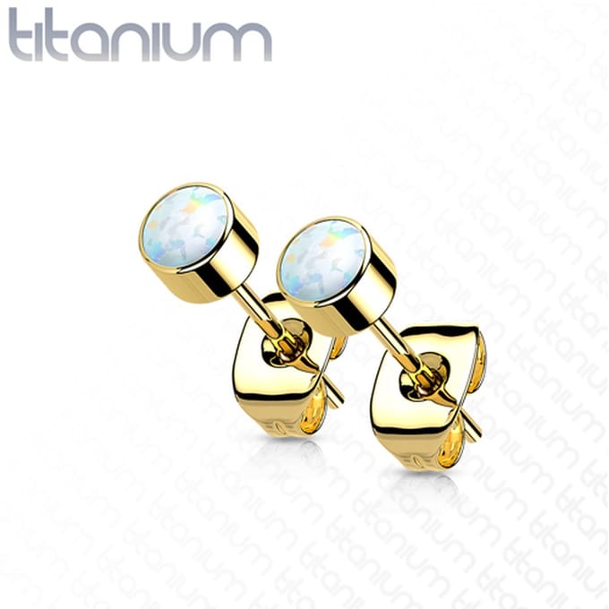 Oorbellen titanium opal bezel 0.8x6x3 - goud - LMPiercings
