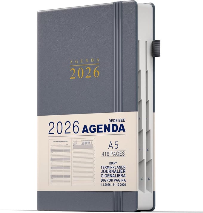 Kalender 2026 - Agenda planner - Dagelijkse planning - A5 formaat hardcover - 416 pagina's - Grijs