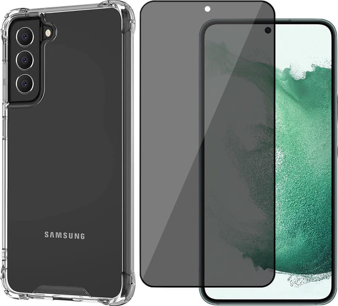 Hoesje geschikt voor Samsung Galaxy S22 Plus - Transparant met Screenprotector Set - Privacy Gehard Glas Full Screen Tempered Glass Screen Protector
