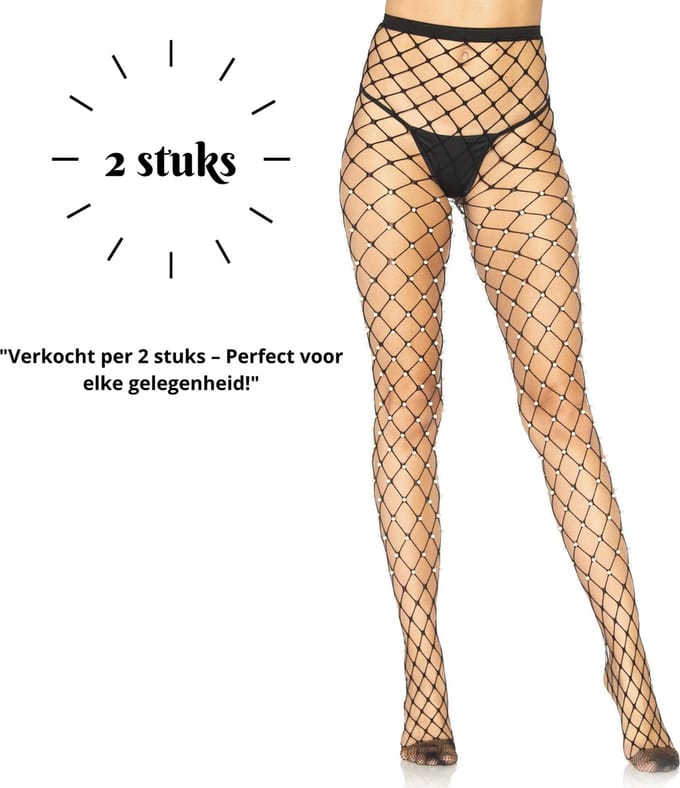 Luxe netkous met parels - visnet - panty - 2 stuks - visnet panty met hoge taille - one size