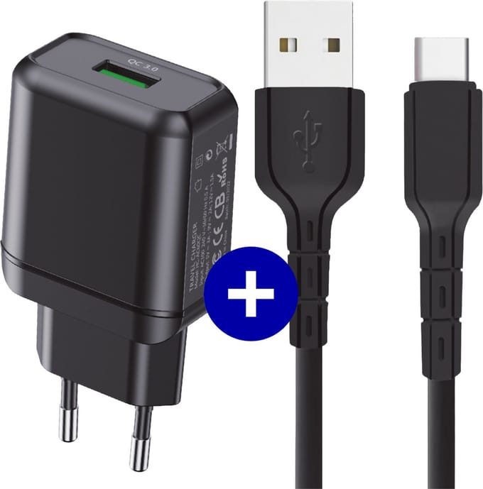 Usb Adapter met usb-C Kabel - 1 Meter - Snellader - Quick Charge 18w - Voor S21,Tab S7,Tab A8,Tab S6 Lite, A52, A53, A51, A13, S22, S21, S10