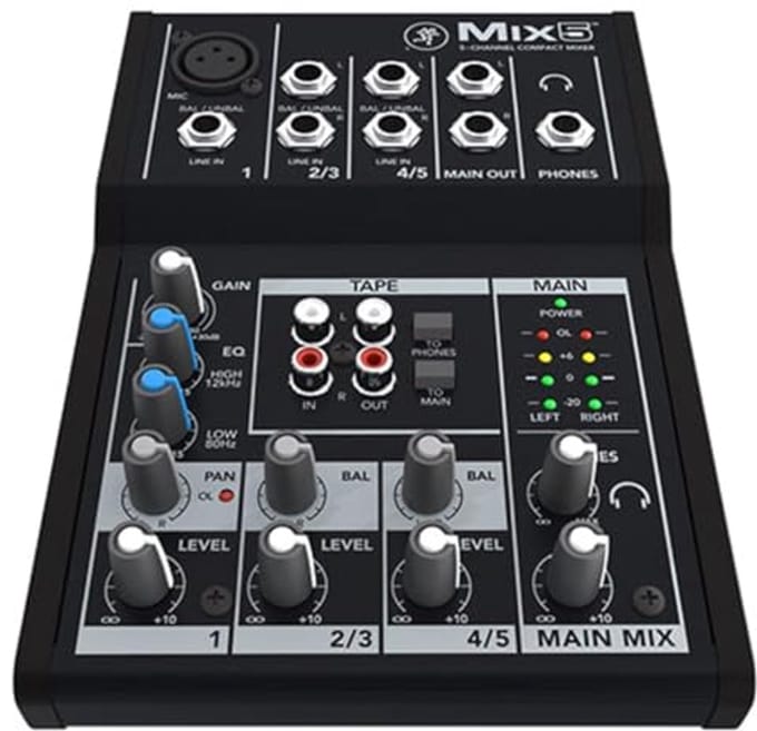 Compacte 5-kanaals analoge mixer met 2-bands EQ voor live streams en recording
