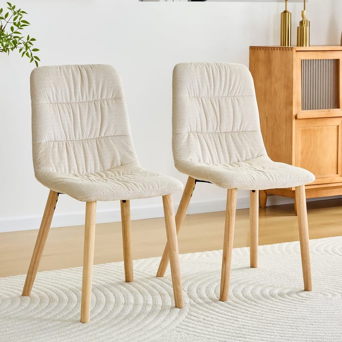 MODFU Eetkamerstoel Set Van 2 - Geplooide Bekleding - Ergonomische Rugleuning - Scandinavisch - Eikenhout En Stof - Wit - 88 Cm