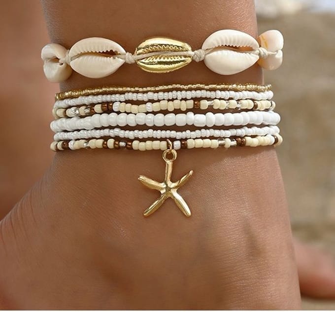 enkelbandjes set - 6 stuks - beige - kralen - schelpen