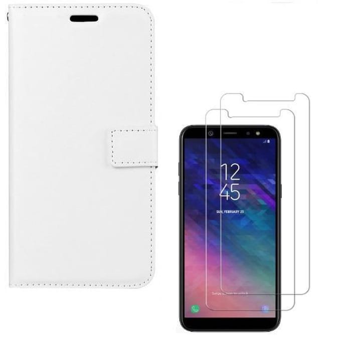 hoesje Geschikt voor: Samsung Galaxy A6 + Plus 2018 Portemonnee Wit met 2 stuks Glas Screen protector