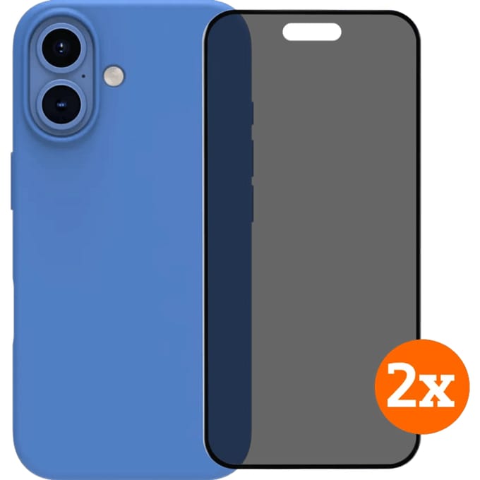 BlueBuilt Back Cover iPhone 16 Blauw + Privacy Filter Screenprotector Glas Duo Pack