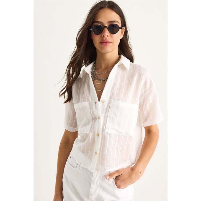 Gestreepte Geweven Crop Shirt met Pocket