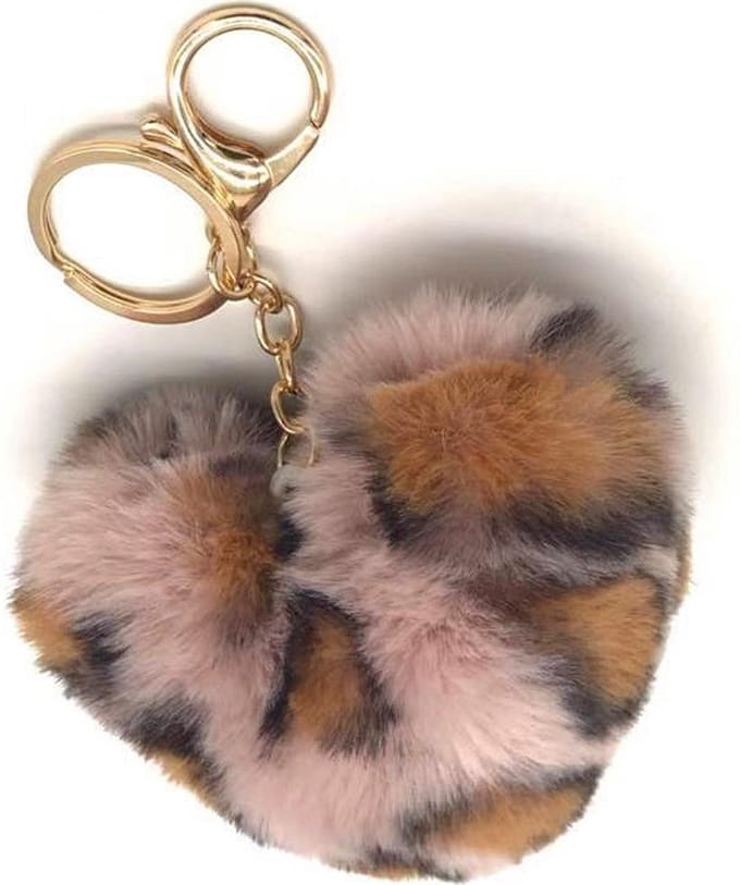 Dielay - Sleutelhanger Fluffy Hart - Panter - 9x10 cm - Roze