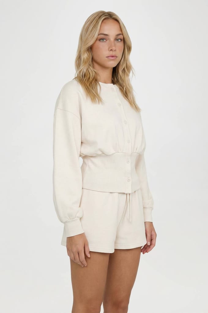 boohoo Dames Trainingsset Met Korte Broek En Sweatshirt Met Getailleerde Taille En Knoopsluiting | Creme | Maat: Medium