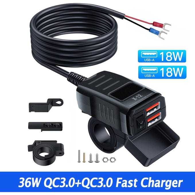 48W PD QC3.0 Motoroplader Dubbele Poorten met Voltmeter & Schakelaar 12V-24V USB Type C Waterdichte SAE Stuurstroomadapter Dual QC3.0 No Voltmeter