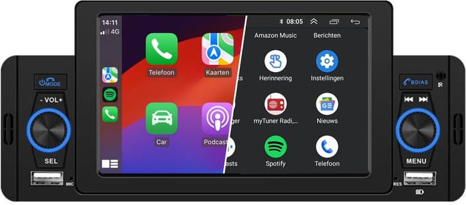 1-Din autoradio met CarPlay & Android Auto | 5 INCH Touchscreen | Bluetooth & USB | Inclusief Achteruitrijcamera