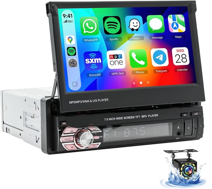 ESSGOO 1 DIN autoradio met Bluetooth - Apple CarPlay & Android Auto - 7" HD touchscreen handmatig opvouwbaar scherm - 12 LEDs achteruitrijcamera