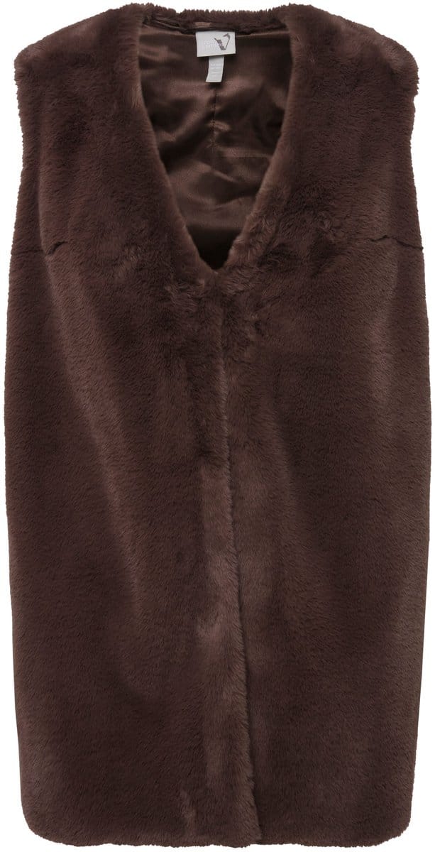 Ulla Popken - Dames - Geweven bont bodywarmer V-hals haaksluiting mouwloos - Donkerbruin - Maat 50+