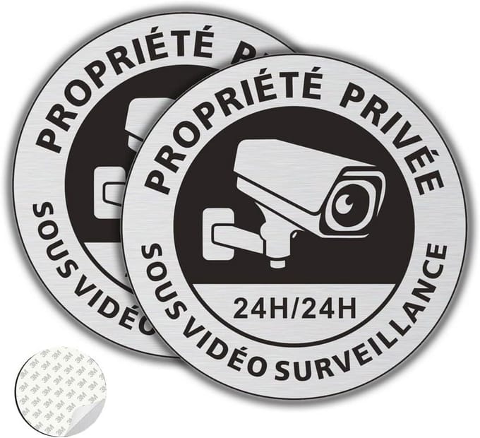 Private Property Surveillance Panel - Brushed Aluminum - 2 Pieces - φ167 mm - Self-Adhesive