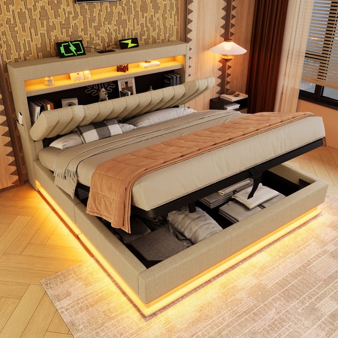 REDOM Opbergbed 140x200 cm – Linnen – Hydraulisch – LED & USB/Type-C – Beige – 250 kg