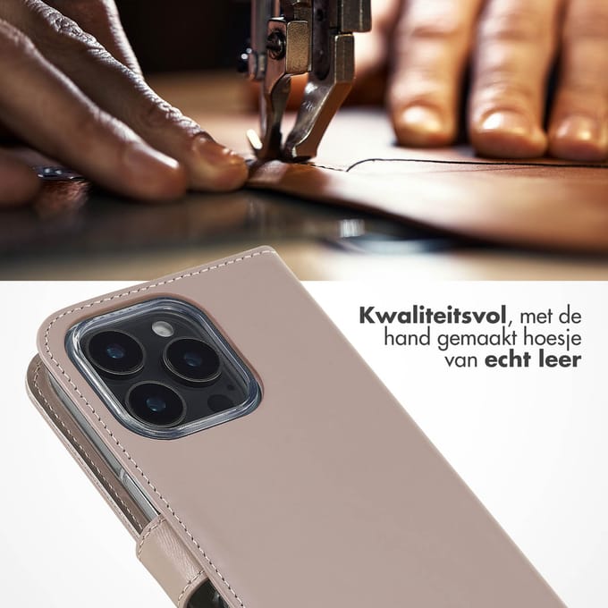 Selencia Hoesje - Geschikt voor Apple iPhone 16 Pro - Echt Lederen Bookcase - Dusty Pink