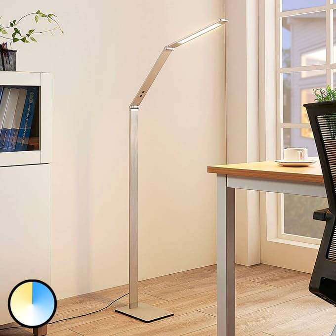 Lucande LED vloerlamp Nicano, grijs, metaal, CCT, 125cm