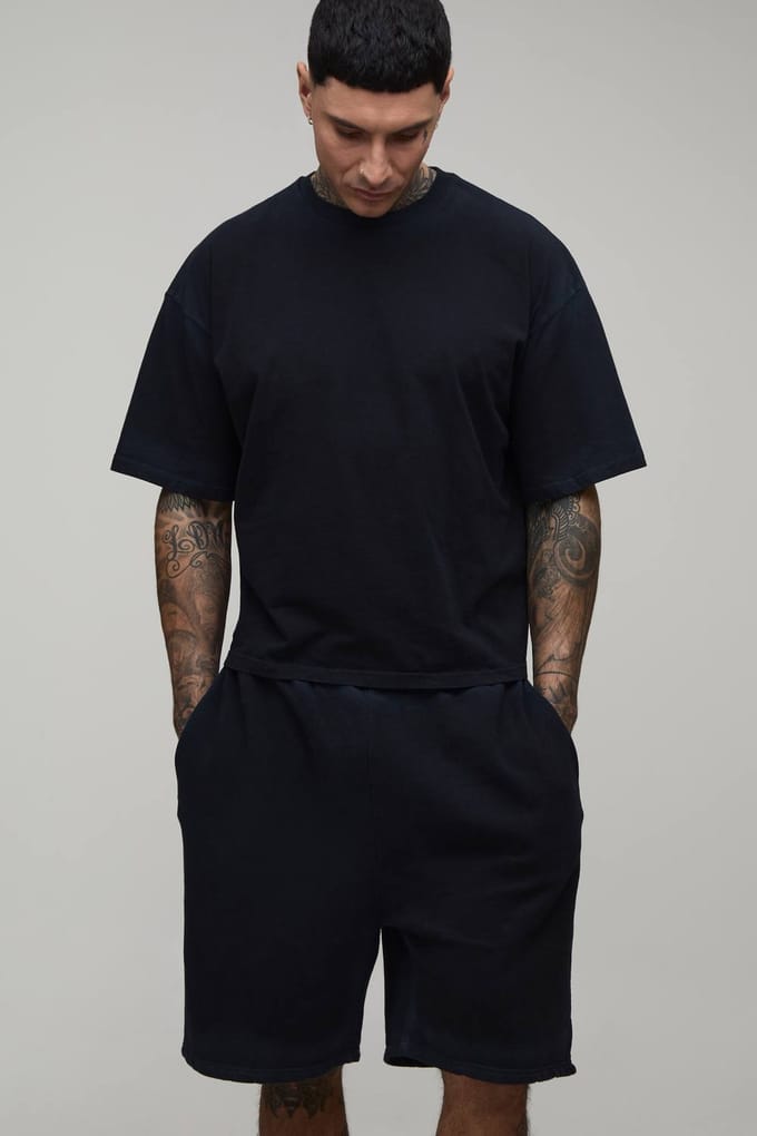 Lang Oversized Gekrompen Spray Naad Wassing T-shirt & Shorts Set | Black | Size Medium