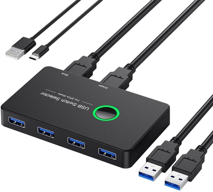 NÖRDIC KV24 - USB 3.1 Switch - 4x USB Poorten Delen met 2 Computers - USB-A - 5Gbps - 4 USB op 2 PC's