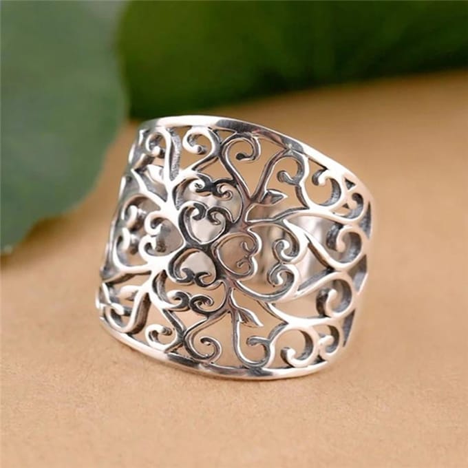 Koperen Holle Bloem Design Damesringen Boho Chique Vrouwelijke Vingerringen Brede Band Statement Sieraden 8 white